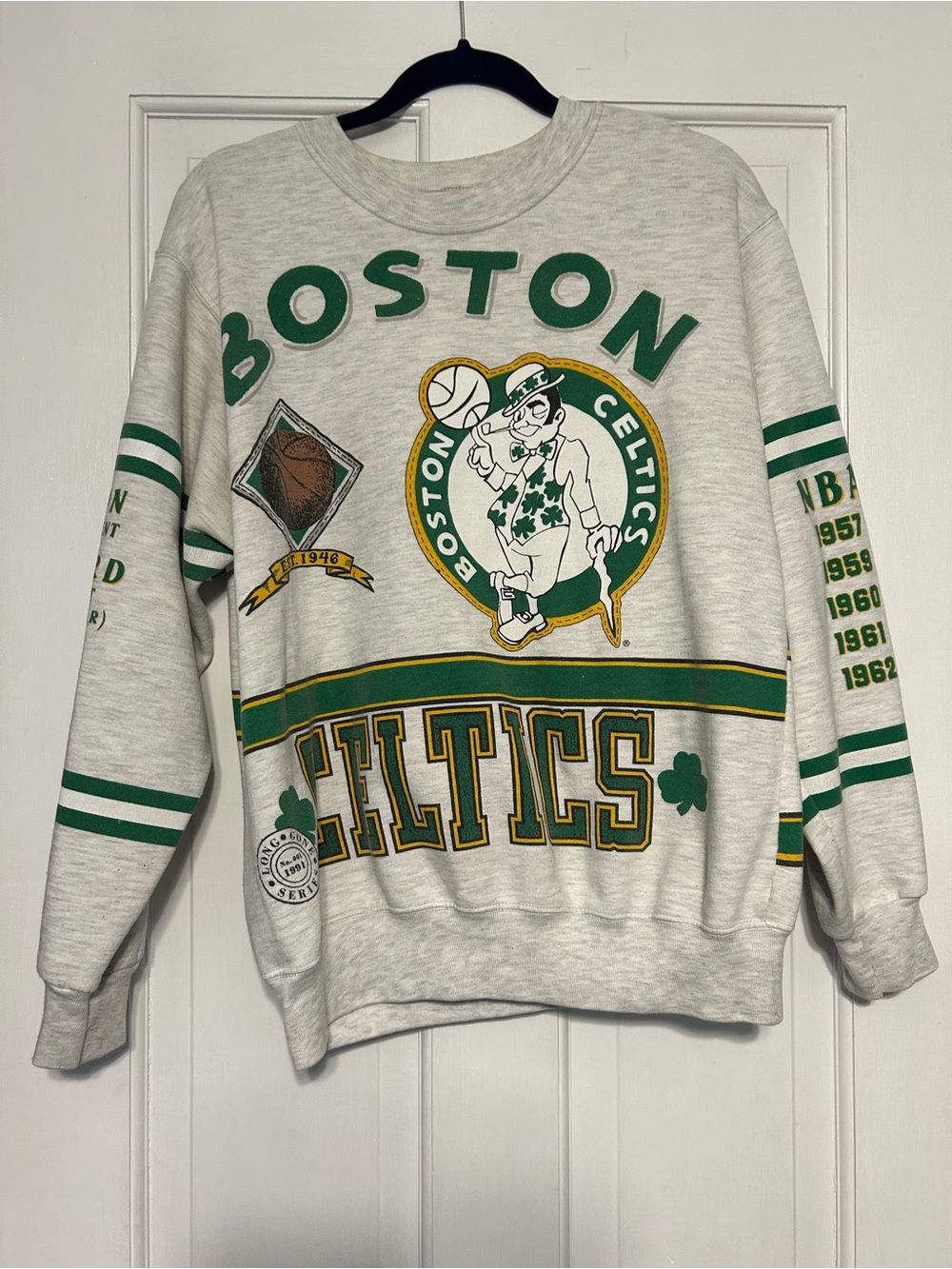 Vintage Boston Celtics Gray Crewneck Sweatshirt with Green & Gold Logo